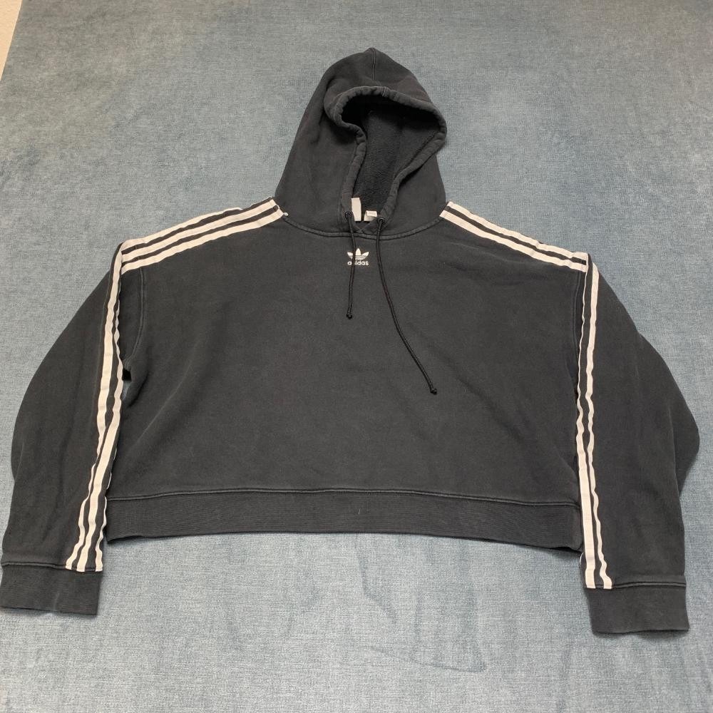 Adidas Cropped Hoodie Womens Large Black 3 Stripes Drawstring Logo Fleece Lined